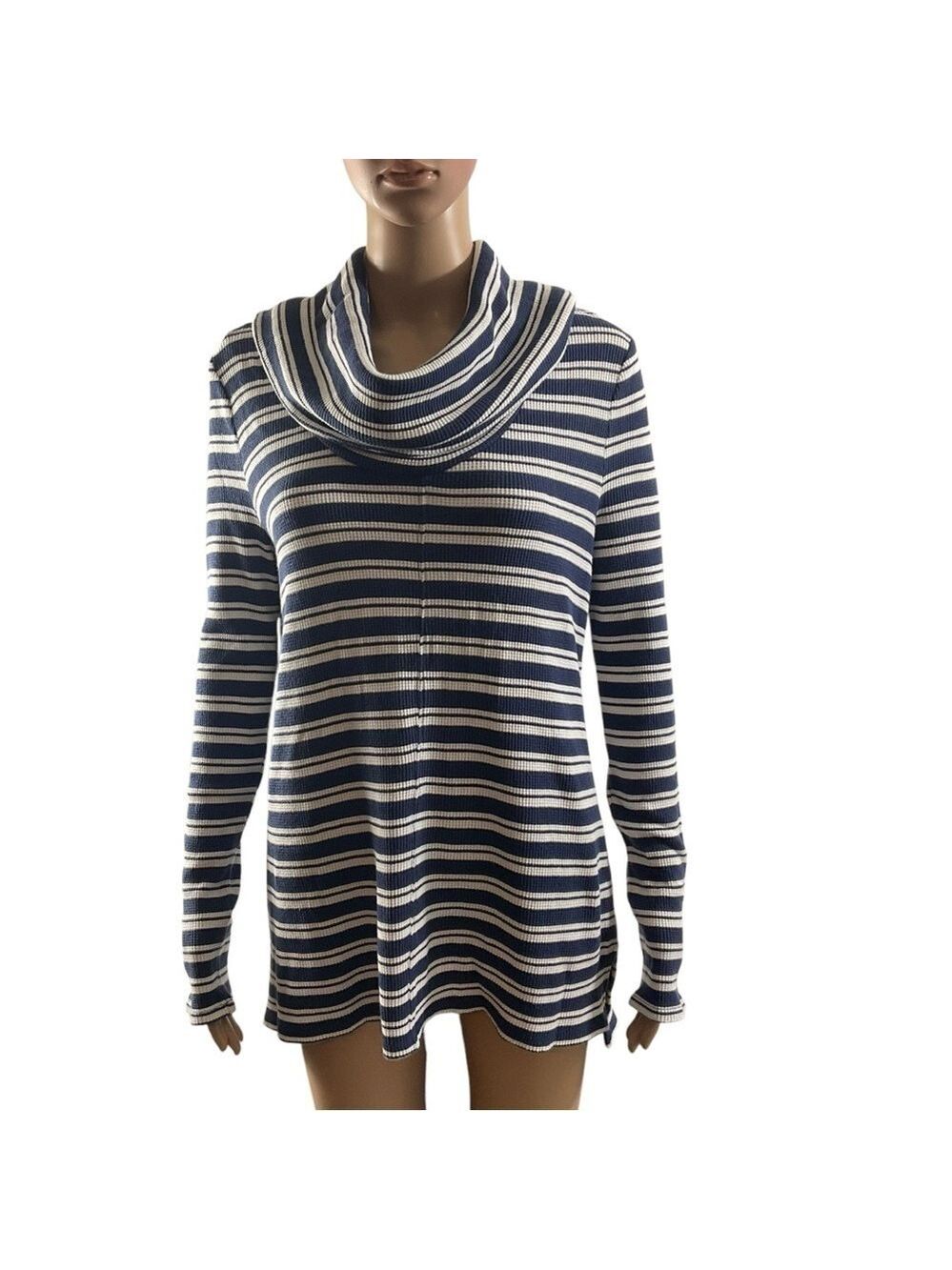Chip & Pepper Small Striped Cowl Neck Tunic Sweater Shirt Navy & White stripes